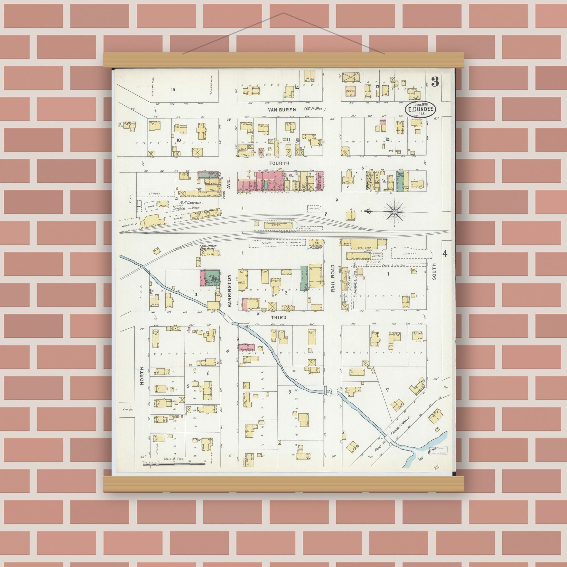 Old map wall art mockup — magnetic wood frame on brick wall — Sanborn Fire Insurance Map from Dundee, Kane County, Illinois (1898), Sheet #0003