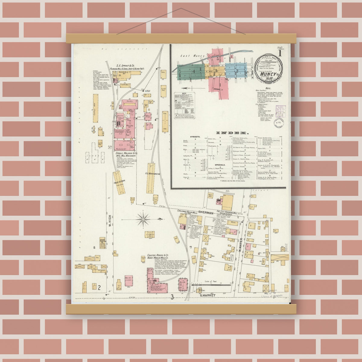 Old map wall art mockup — magnetic wood frame on brick wall — Sanborn Fire Insurance Map from Muncy, Lycoming County, Pennsylvania (1901), Sheet #0001