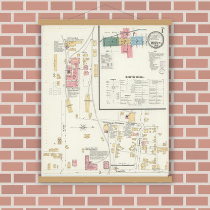 Old map wall art mockup — magnetic wood frame on brick wall — Sanborn Fire Insurance Map from Muncy, Lycoming County, Pennsylvania (1901), Sheet #0001