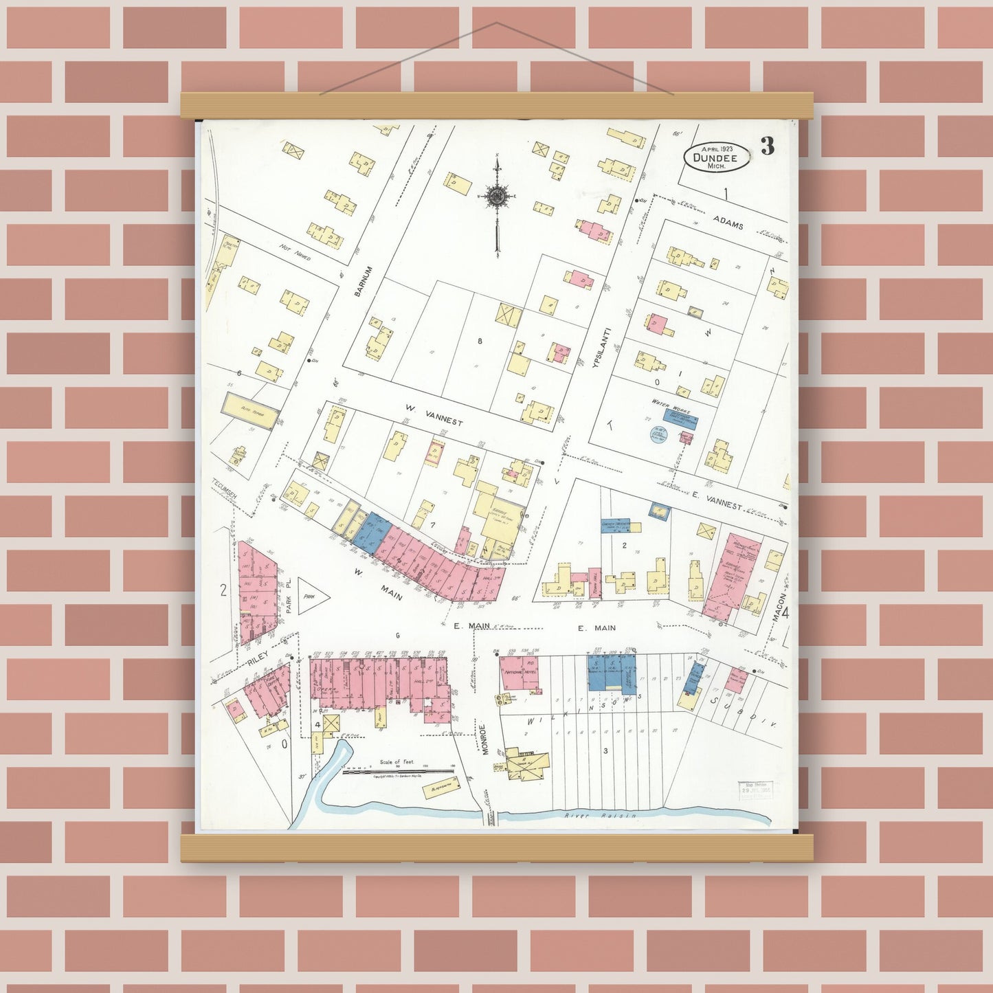 Old map wall art mockup — magnetic wood frame on brick wall — Sanborn Fire Insurance Map from Dundee, Monroe County, Michigan (1923), Sheet #0003