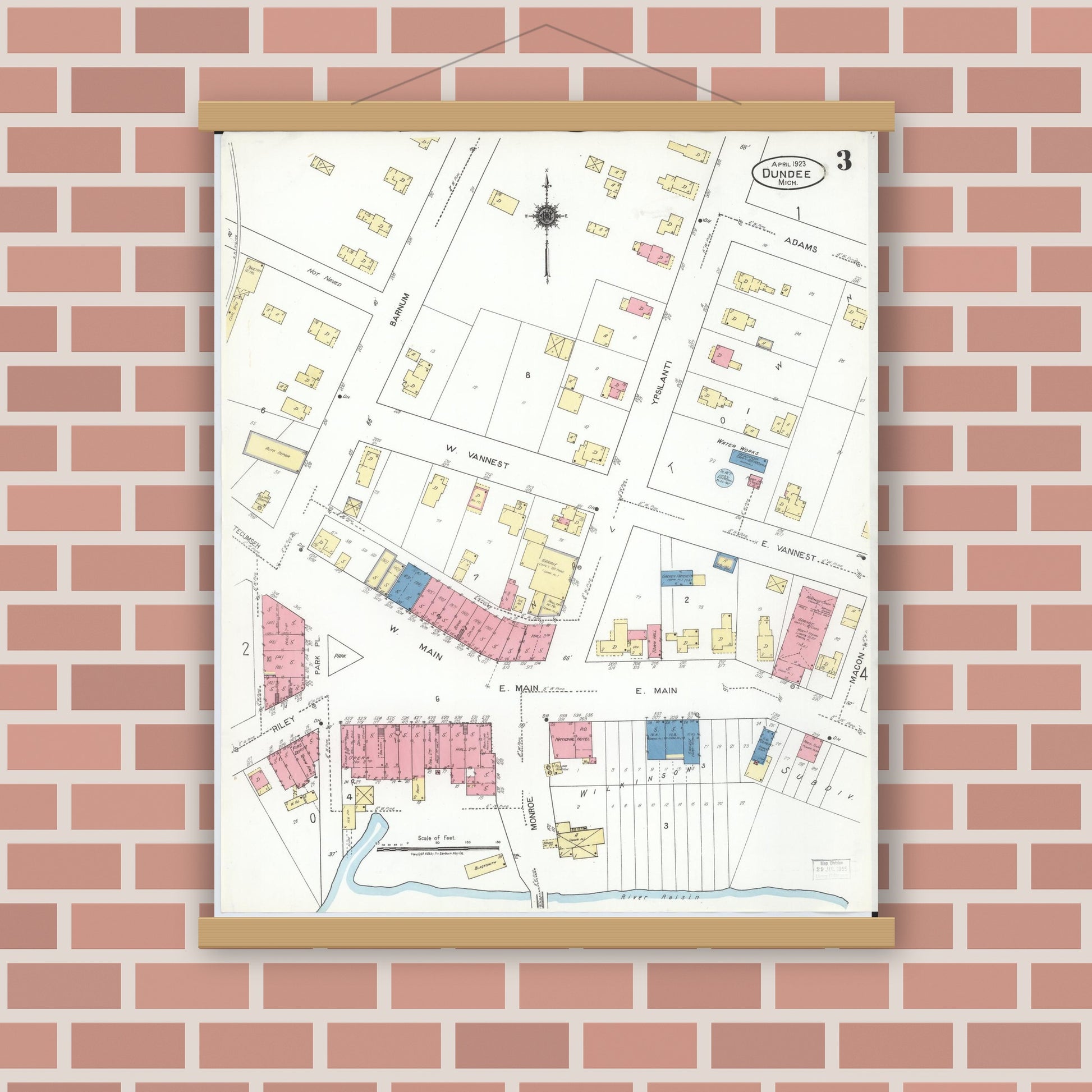 Old map wall art mockup — magnetic wood frame on brick wall — Sanborn Fire Insurance Map from Dundee, Monroe County, Michigan (1923), Sheet #0003