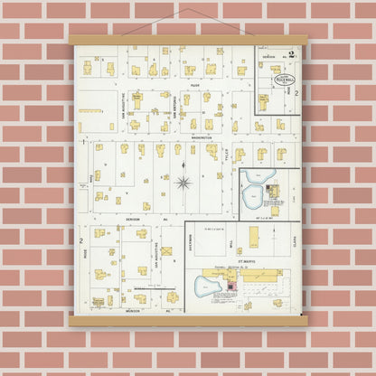 Old map wall art mockup — magnetic wood frame on brick wall — Sanborn Fire Insurance Map from Rockwall, Rockwall County, Texas (1900), Sheet #0002