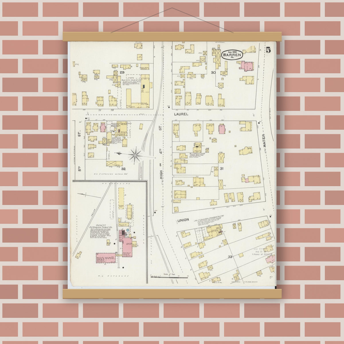 Old map wall art mockup — magnetic wood frame on brick wall — Sanborn Fire Insurance Map from Warren, Warren County, Pennsylvania (1892), Sheet #0005