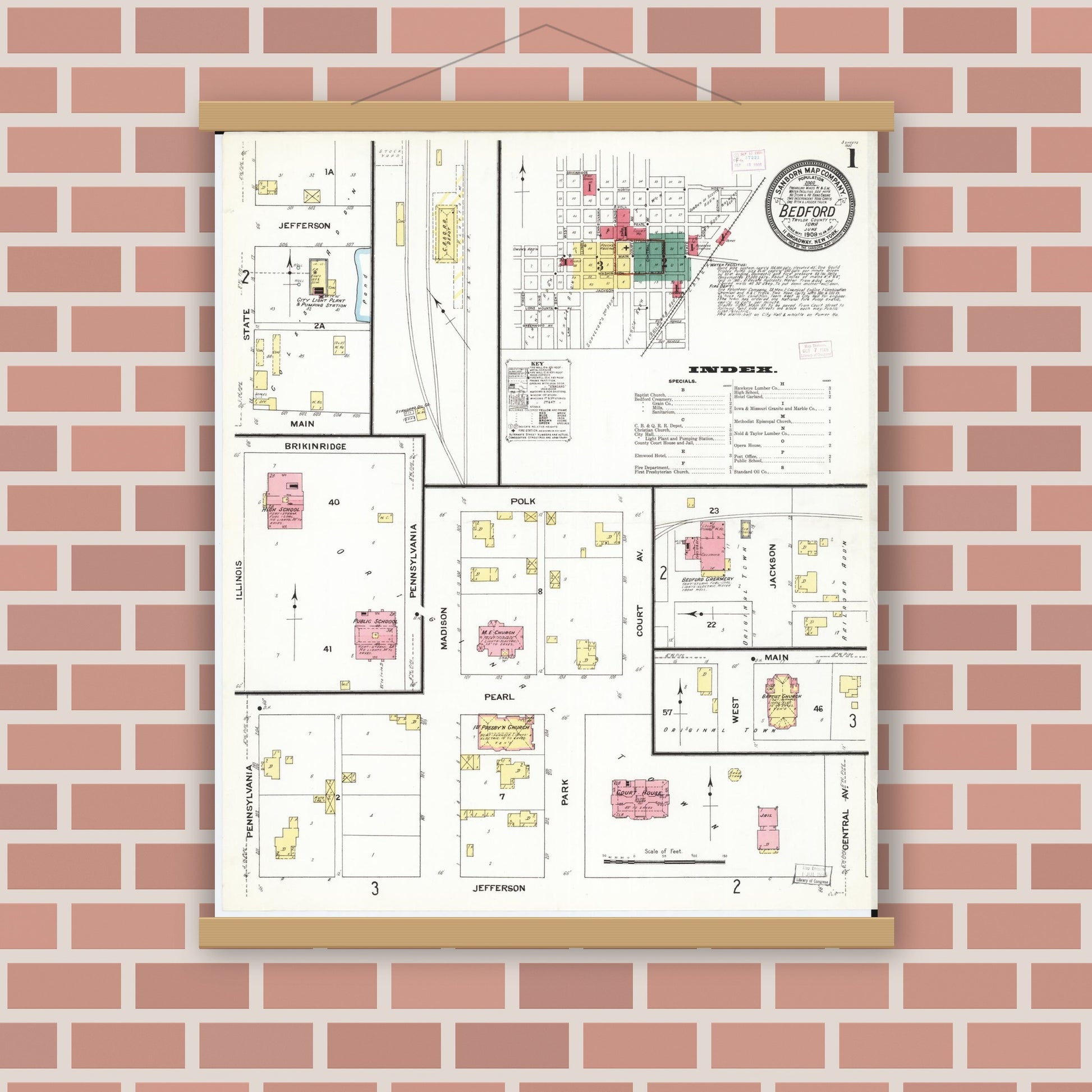Old map wall art mockup — magnetic wood frame on brick wall — Sanborn Fire Insurance Map from Bedford, Taylor County, Iowa (1909) â€” Complete Set