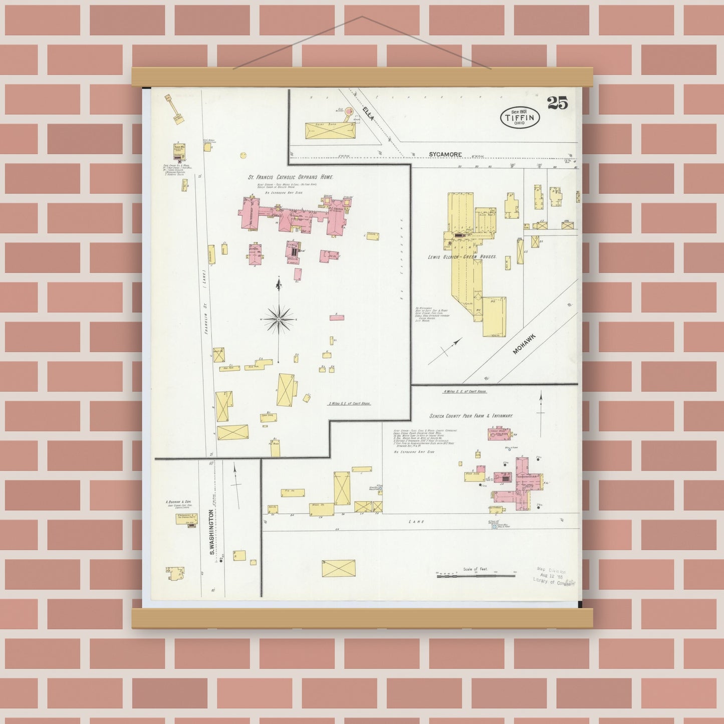Old map wall art mockup — magnetic wood frame on brick wall — Sanborn Fire Insurance Map from Tiffin, Seneca County, Ohio (1901), Sheet #0025