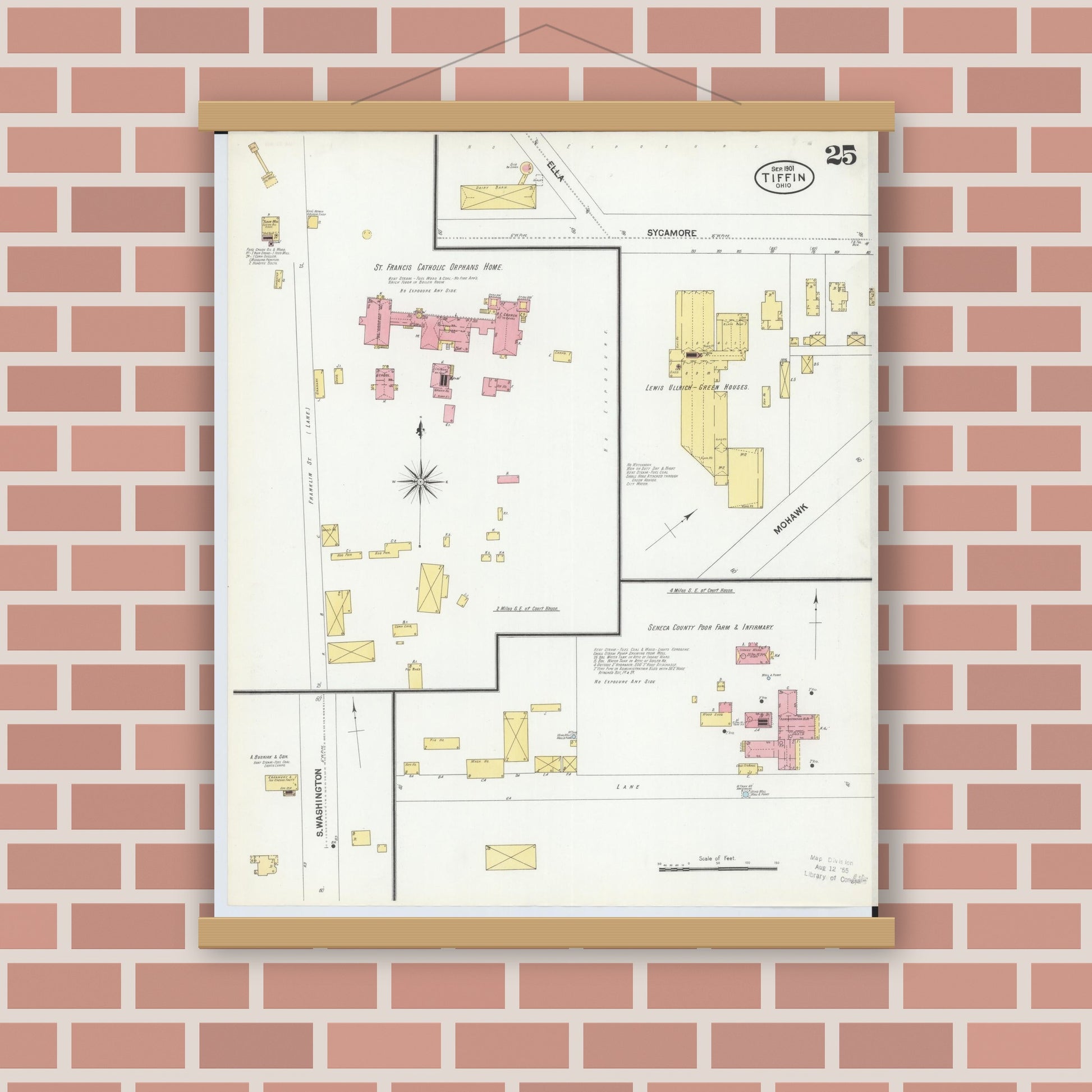 Old map wall art mockup — magnetic wood frame on brick wall — Sanborn Fire Insurance Map from Tiffin, Seneca County, Ohio (1901), Sheet #0025