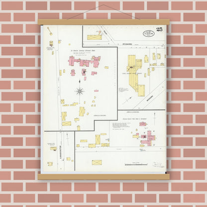 Old map wall art mockup — magnetic wood frame on brick wall — Sanborn Fire Insurance Map from Tiffin, Seneca County, Ohio (1901), Sheet #0025