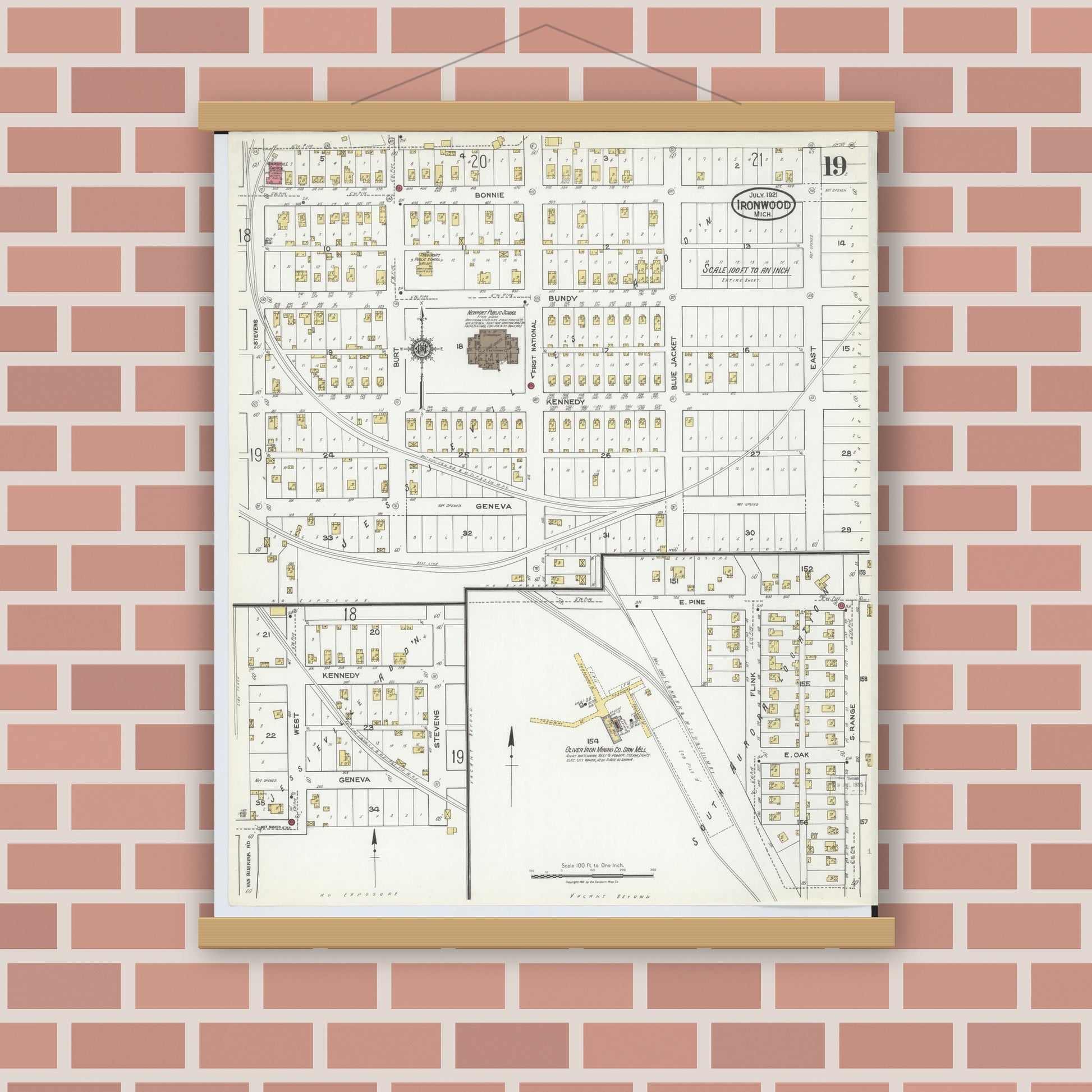 Old map wall art mockup — magnetic wood frame on brick wall — Sanborn Fire Insurance Map from Ironwood, Gogebic County, Michigan (1921), Sheet #0019