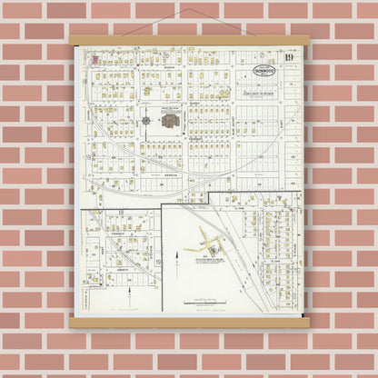 Old map wall art mockup — magnetic wood frame on brick wall — Sanborn Fire Insurance Map from Ironwood, Gogebic County, Michigan (1921), Sheet #0019