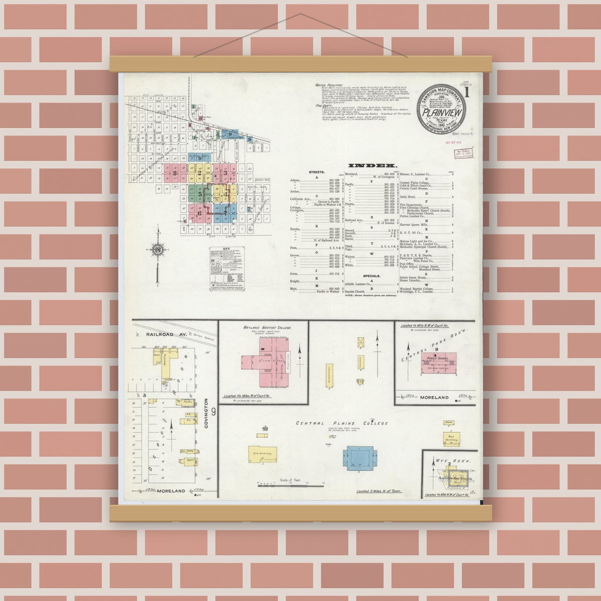 Old map wall art mockup — magnetic wood frame on brick wall — Sanborn Fire Insurance Map from Plainview, Hale County, Texas (1910) - Complete Map Set