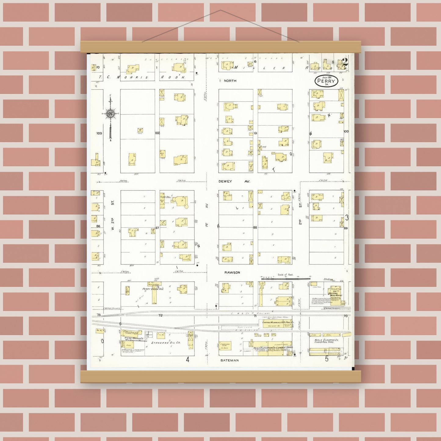 Old map wall art mockup — magnetic wood frame on brick wall — Sanborn Fire Insurance Map from Perry, Dallas County, Iowa (1911), Sheet #0002