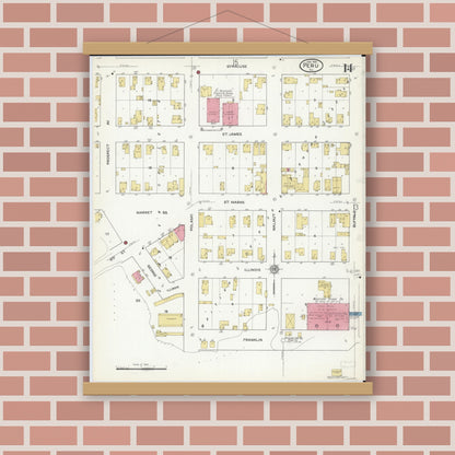 Old map wall art mockup — magnetic wood frame on brick wall — Sanborn Fire Insurance Map from Peru, La Salle County, Illinois (1916), Sheet #0014