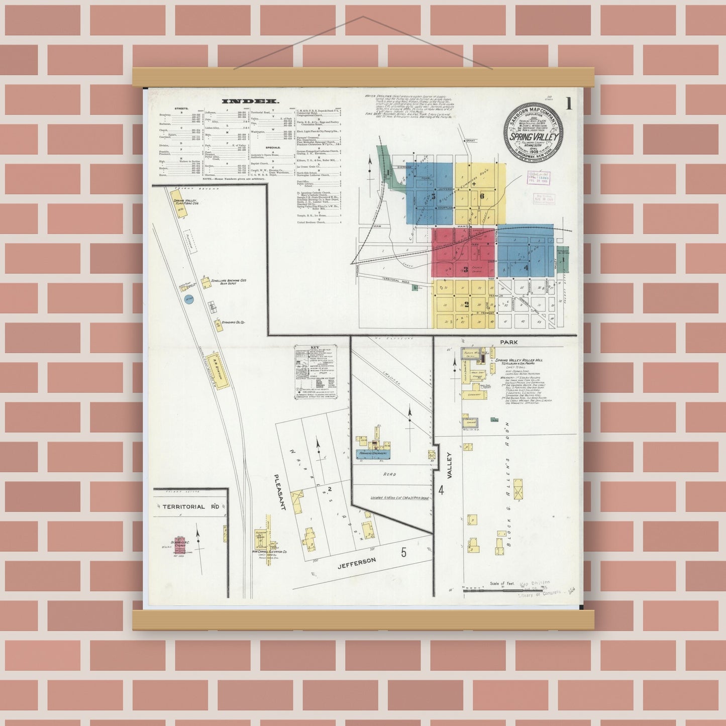 Old map wall art mockup — magnetic wood frame on brick wall — Sanborn Fire Insurance Map from Spring Valley, Fillmore County, Minnesota (1909) - Complete Map Set