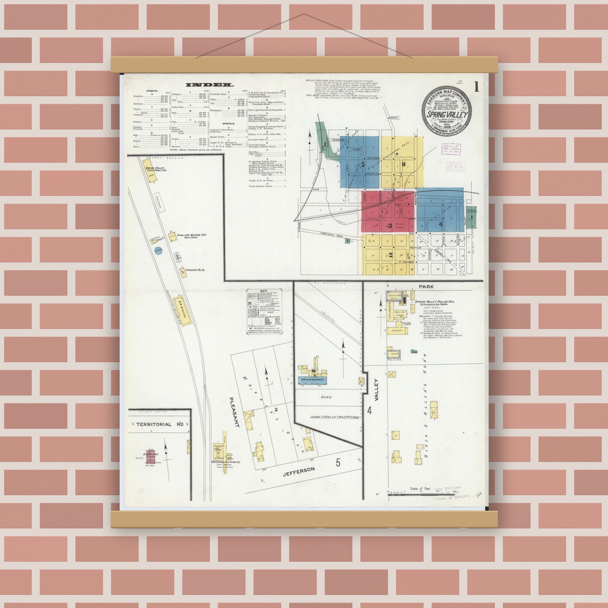 Old map wall art mockup — magnetic wood frame on brick wall — Sanborn Fire Insurance Map from Spring Valley, Fillmore County, Minnesota (1909) - Complete Map Set