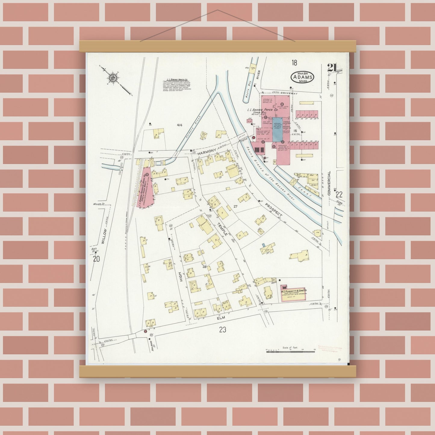 Old map wall art mockup — magnetic wood frame on brick wall — Sanborn Fire Insurance Map from Adams, Berkshire County, Massachusetts (1914), Sheet #0021