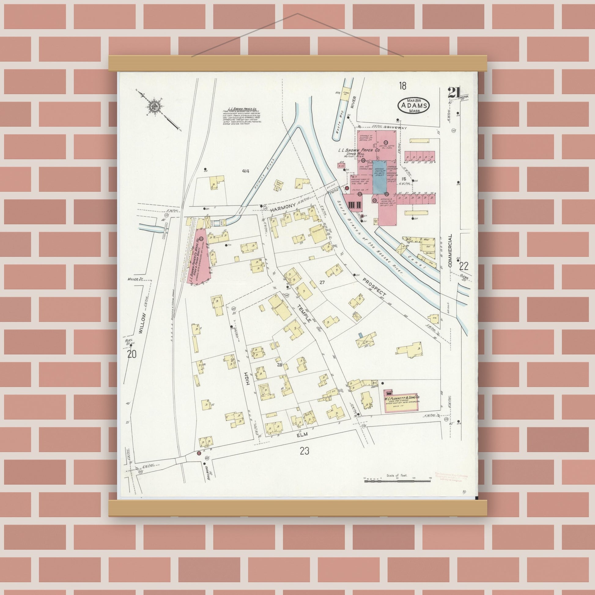 Old map wall art mockup — magnetic wood frame on brick wall — Sanborn Fire Insurance Map from Adams, Berkshire County, Massachusetts (1914), Sheet #0021