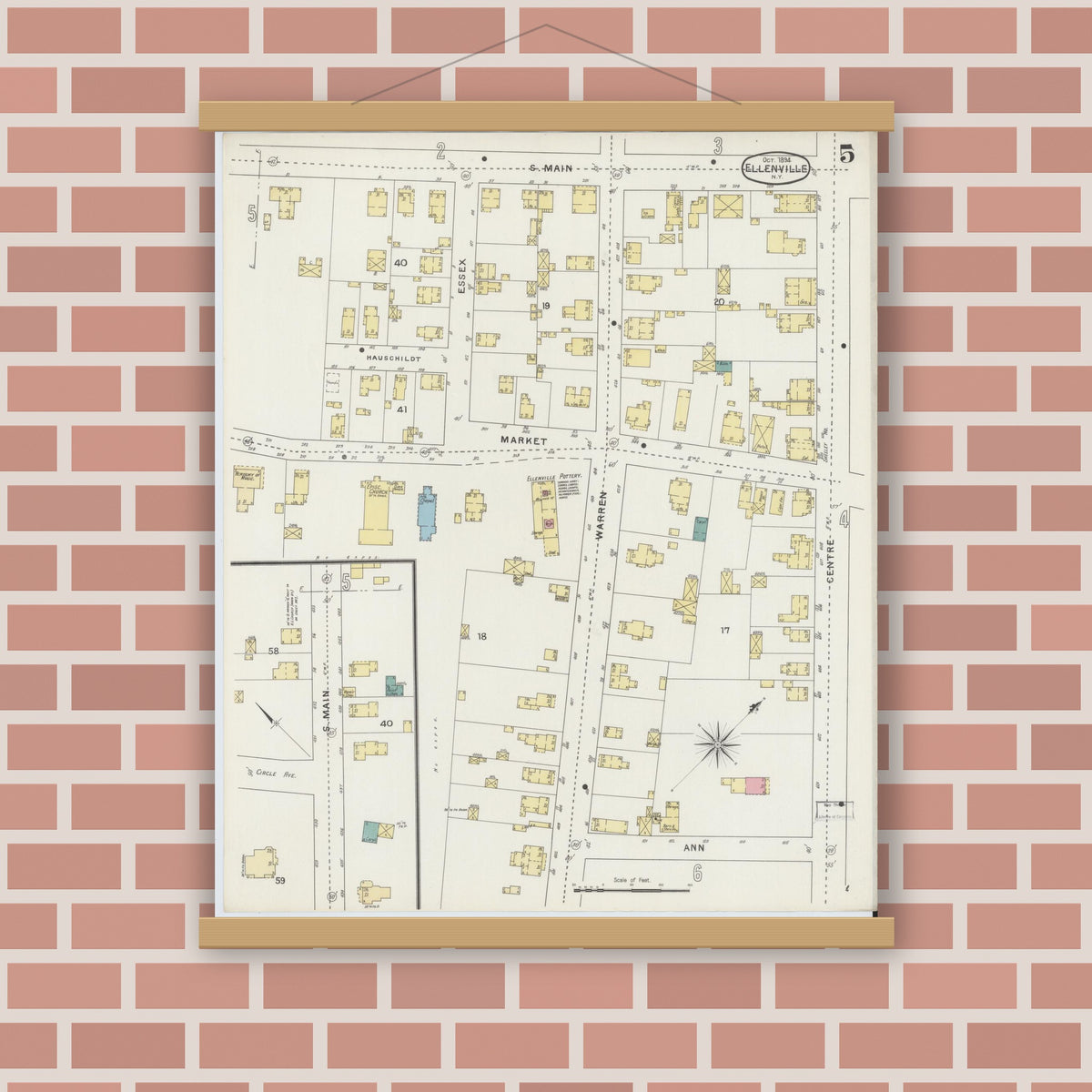 Old map wall art mockup — magnetic wood frame on brick wall — Sanborn Fire Insurance Map from Ellenville, Ulster County, New York (1894), Sheet #0005