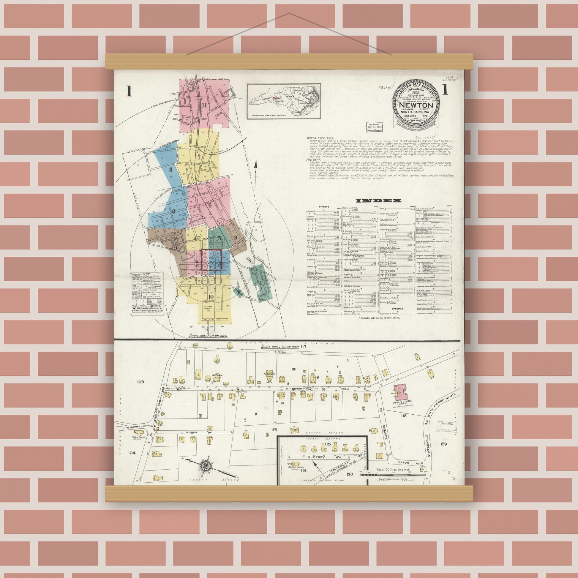 Old map wall art mockup — magnetic wood frame on brick wall — Sanborn Fire Insurance Map from Newton, Catawba County, North Carolina (1924), Sheet #0001