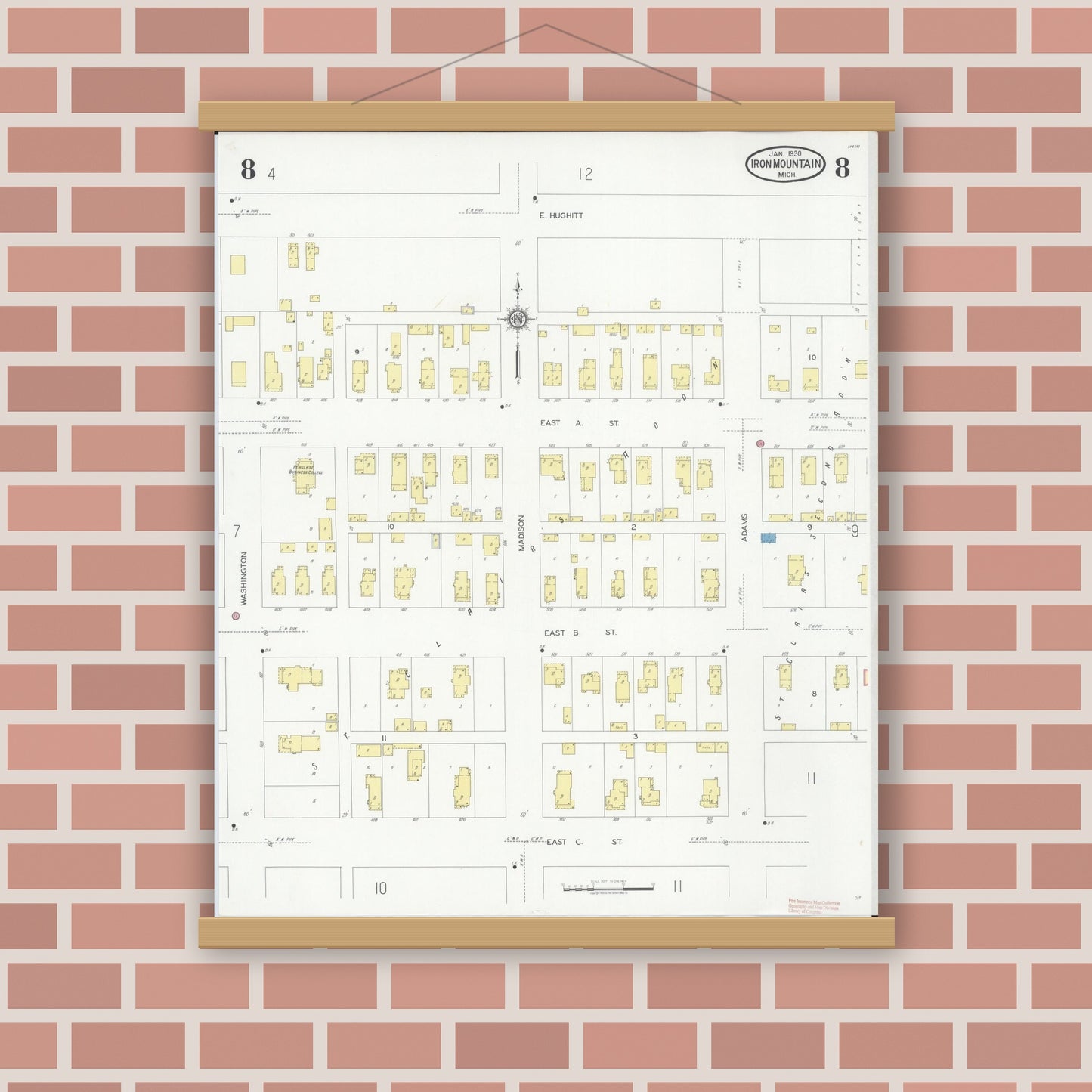 Old map wall art mockup — magnetic wood frame on brick wall — Sanborn Fire Insurance Map from Iron Mountain, Dickinson County, Michigan (1930), Sheet #0008
