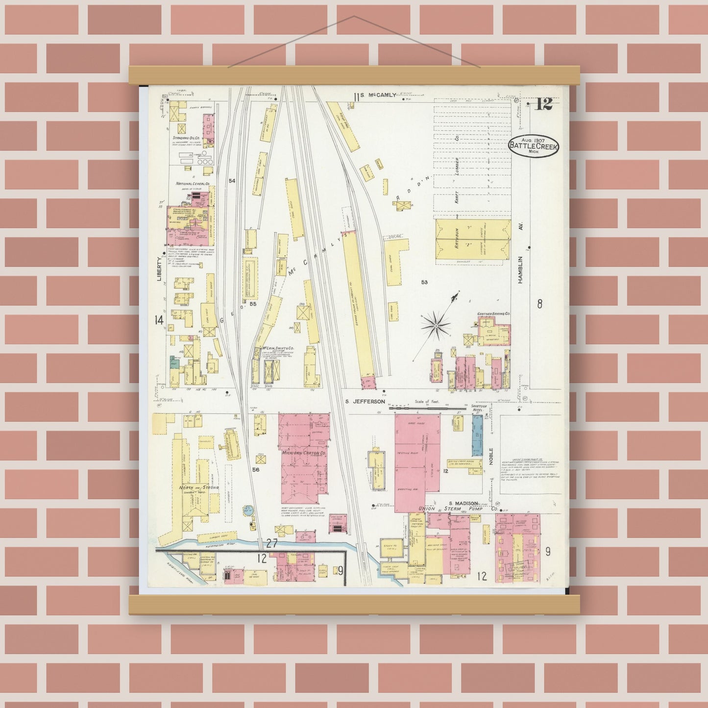 Old map wall art mockup — magnetic wood frame on brick wall — Sanborn Fire Insurance Map from Battle Creek, Calhoun County, Michigan (1907), Sheet #0012