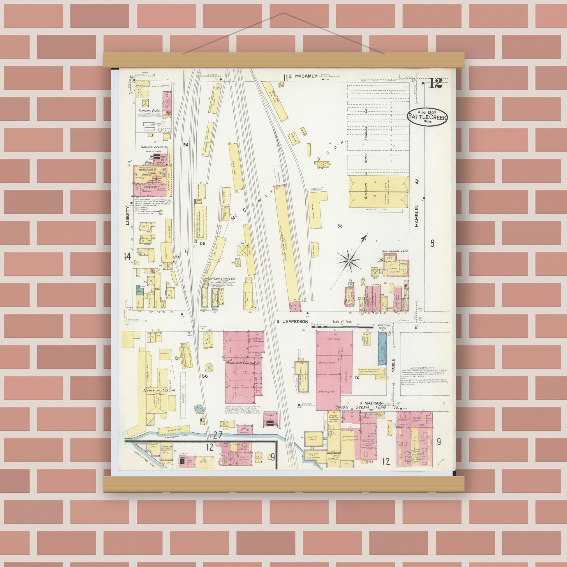 Old map wall art mockup — magnetic wood frame on brick wall — Sanborn Fire Insurance Map from Battle Creek, Calhoun County, Michigan (1907), Sheet #0012