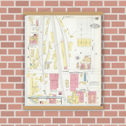 Old map wall art mockup — magnetic wood frame on brick wall — Sanborn Fire Insurance Map from Battle Creek, Calhoun County, Michigan (1907), Sheet #0012