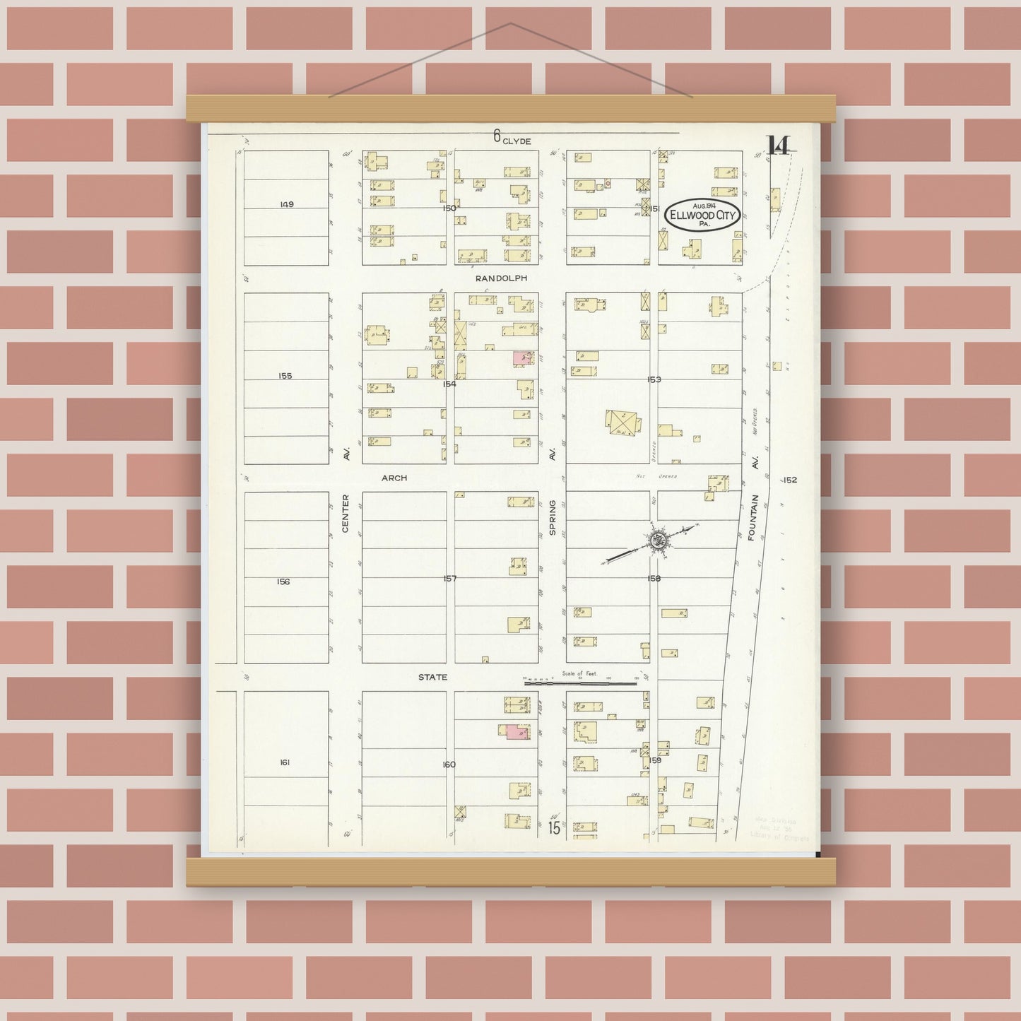 Old map wall art mockup — magnetic wood frame on brick wall — Sanborn Fire Insurance Map from Ellwood City, Lawrence County, Pennsylvania (1914), Sheet #0014