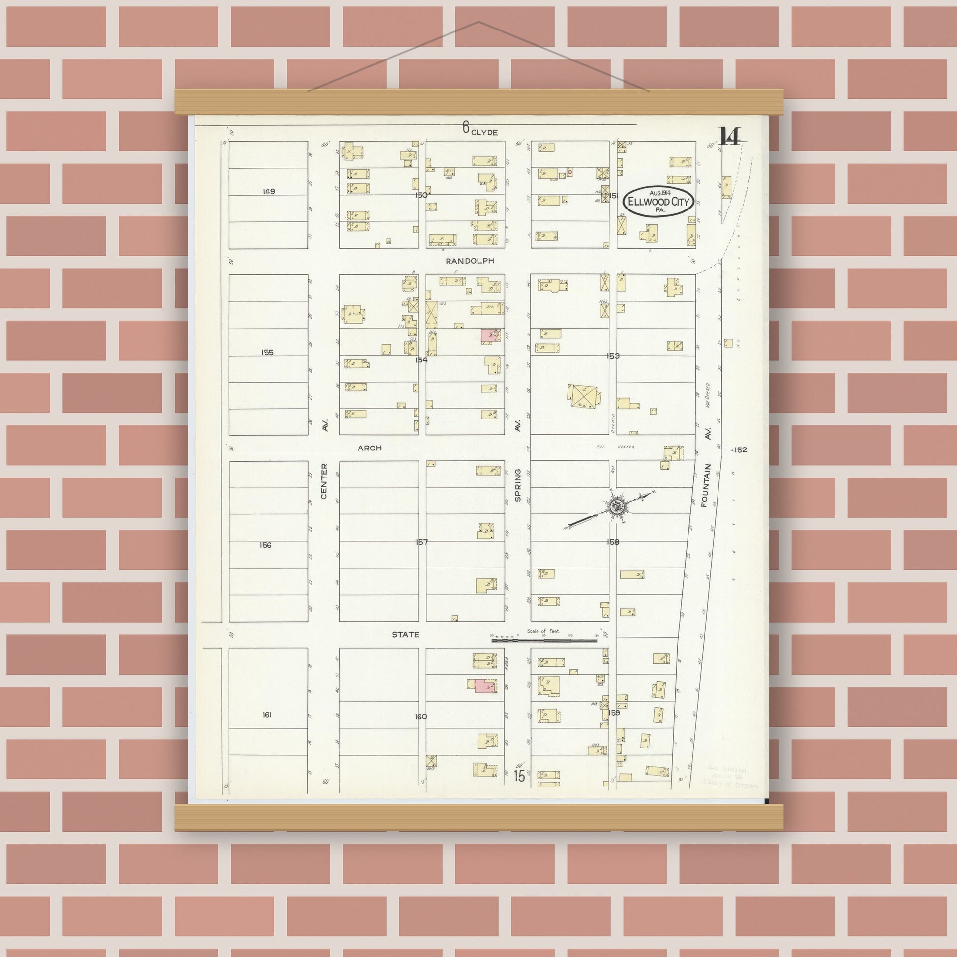 Old map wall art mockup — magnetic wood frame on brick wall — Sanborn Fire Insurance Map from Ellwood City, Lawrence County, Pennsylvania (1914), Sheet #0014