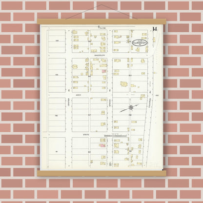 Old map wall art mockup — magnetic wood frame on brick wall — Sanborn Fire Insurance Map from Ellwood City, Lawrence County, Pennsylvania (1914), Sheet #0014