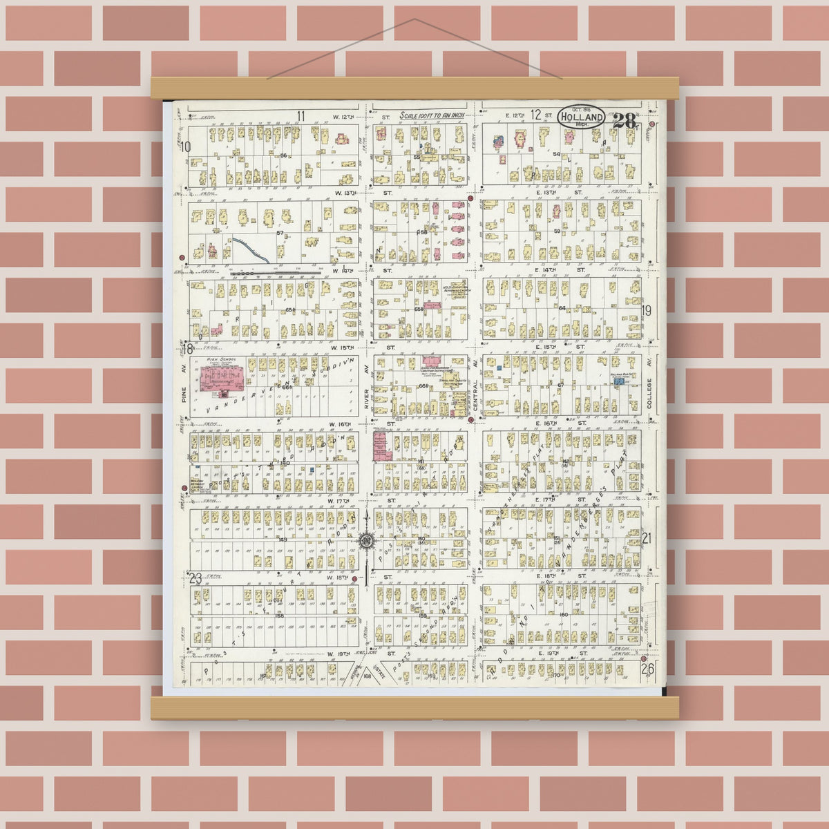 Old map wall art mockup — magnetic wood frame on brick wall — Sanborn Fire Insurance Map from Holland, Ottawa County, Michigan (1916), Sheet #0028