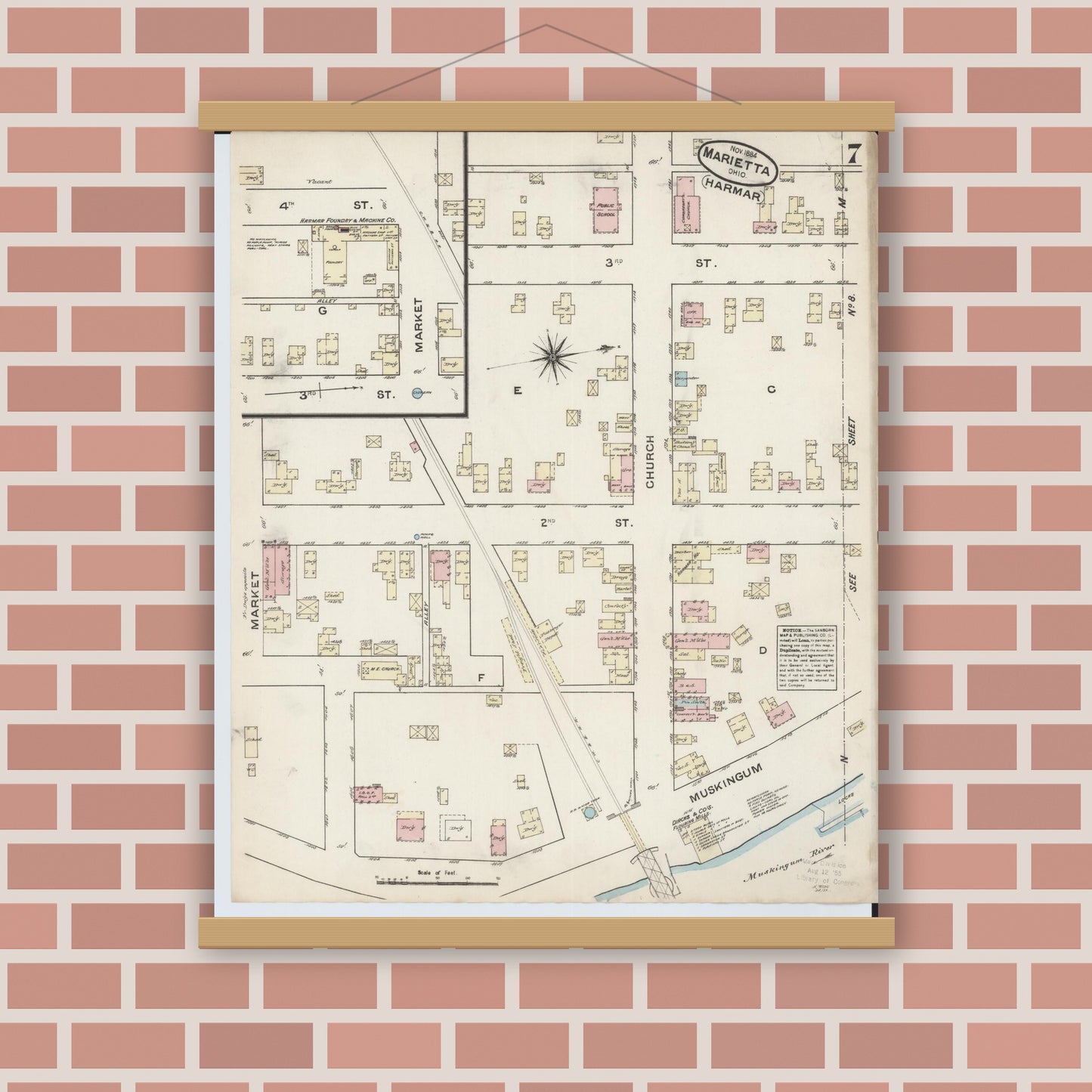 Old map wall art mockup — magnetic wood frame on brick wall — Sanborn Fire Insurance Map from Marietta, Washington County, Ohio (1884), Sheet #0007