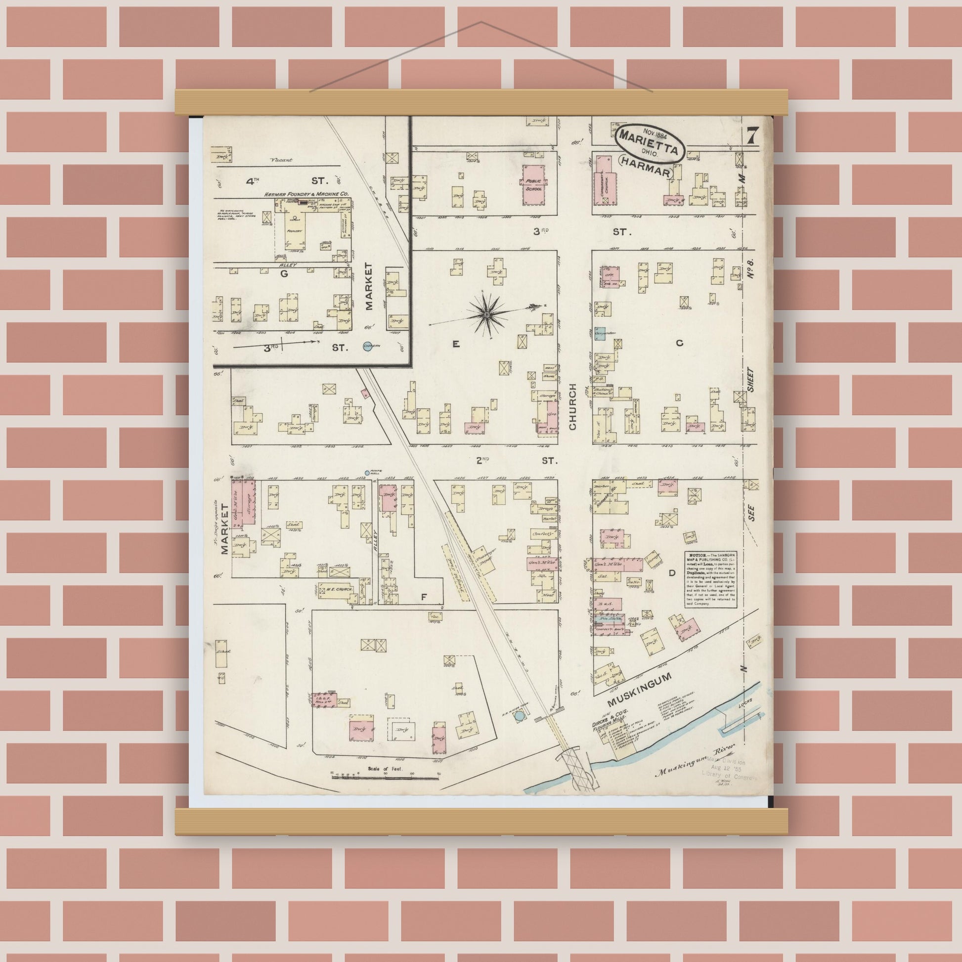 Old map wall art mockup — magnetic wood frame on brick wall — Sanborn Fire Insurance Map from Marietta, Washington County, Ohio (1884), Sheet #0007