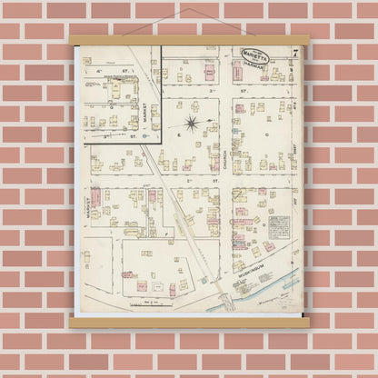 Old map wall art mockup — magnetic wood frame on brick wall — Sanborn Fire Insurance Map from Marietta, Washington County, Ohio (1884), Sheet #0007