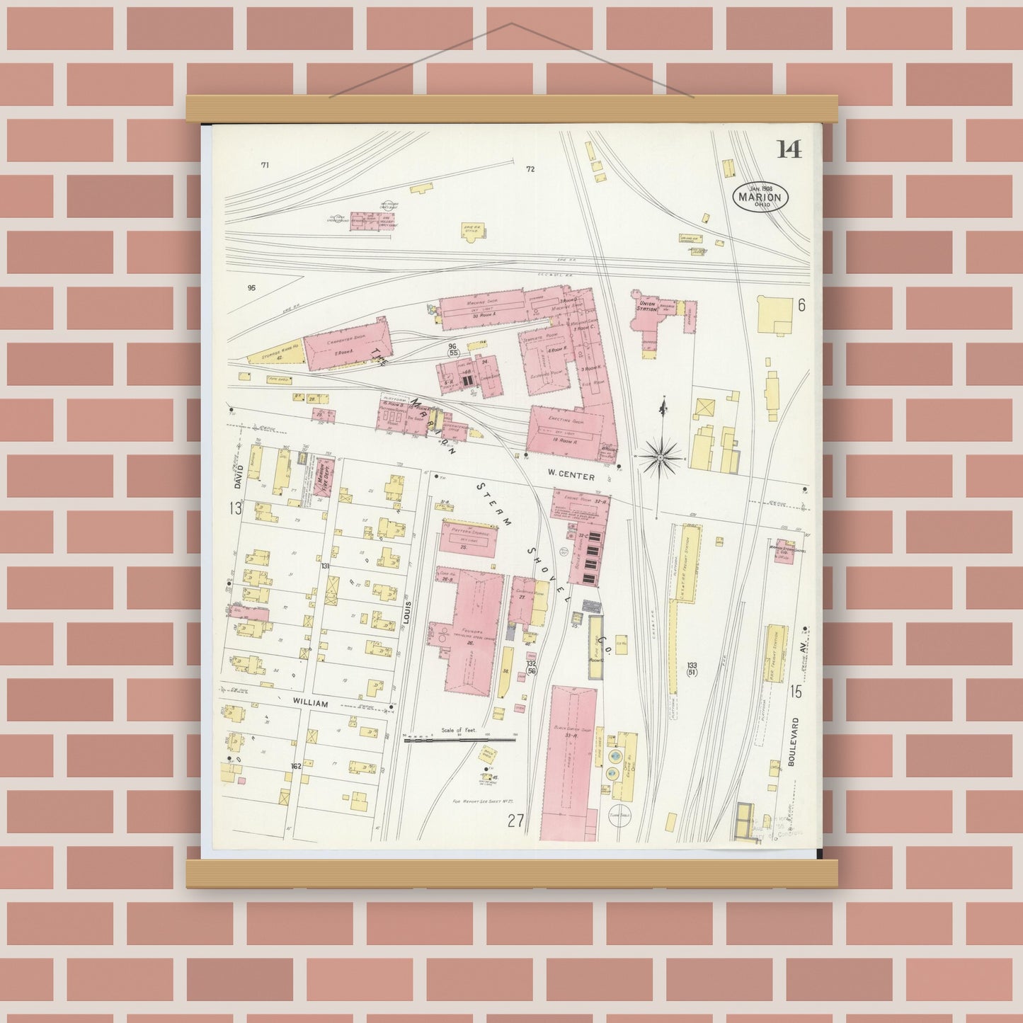 Old map wall art mockup — magnetic wood frame on brick wall — Sanborn Fire Insurance Map from Marion, Marion County, Ohio (1908), Sheet #0014