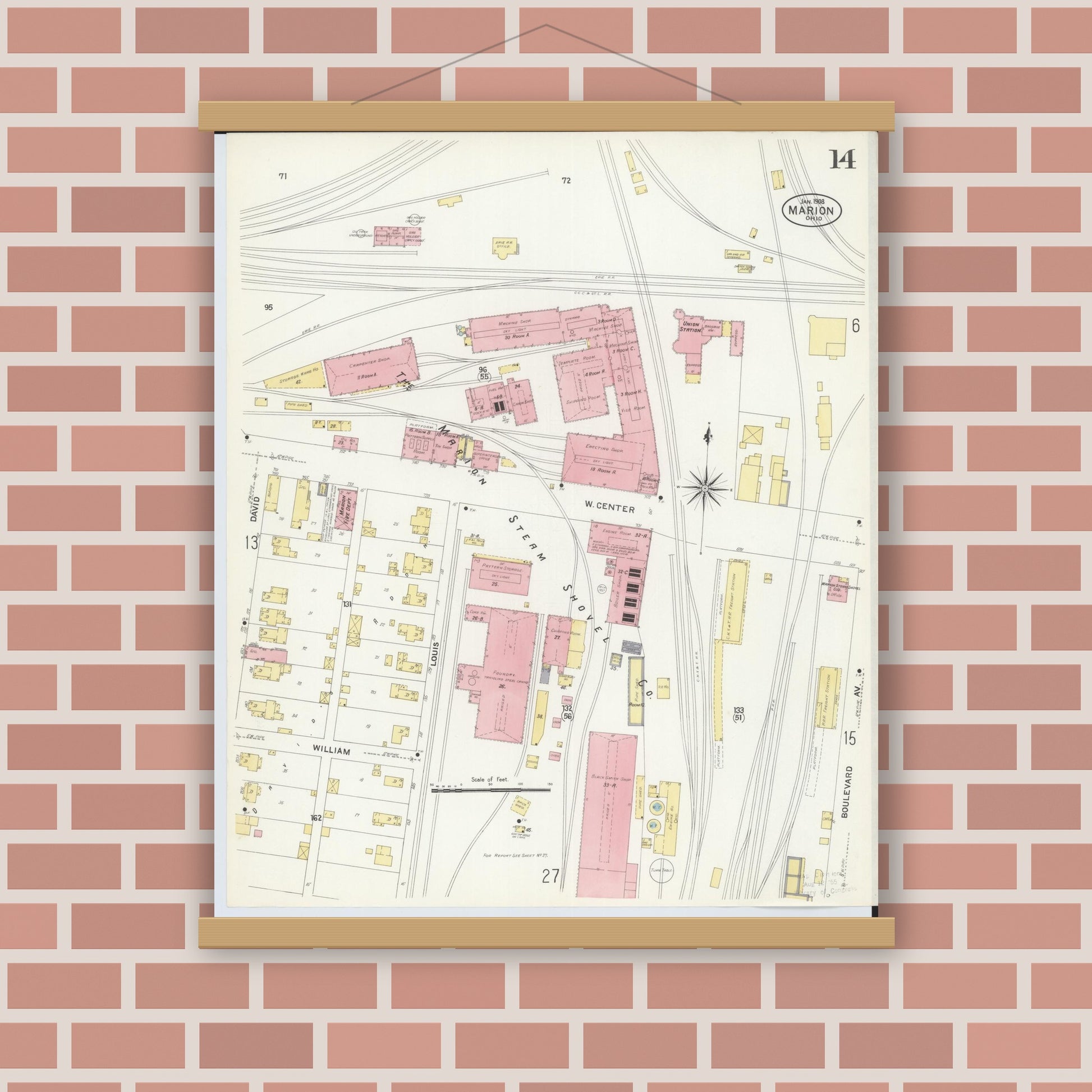 Old map wall art mockup — magnetic wood frame on brick wall — Sanborn Fire Insurance Map from Marion, Marion County, Ohio (1908), Sheet #0014