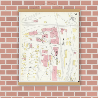 Old map wall art mockup — magnetic wood frame on brick wall — Sanborn Fire Insurance Map from Marion, Marion County, Ohio (1908), Sheet #0014