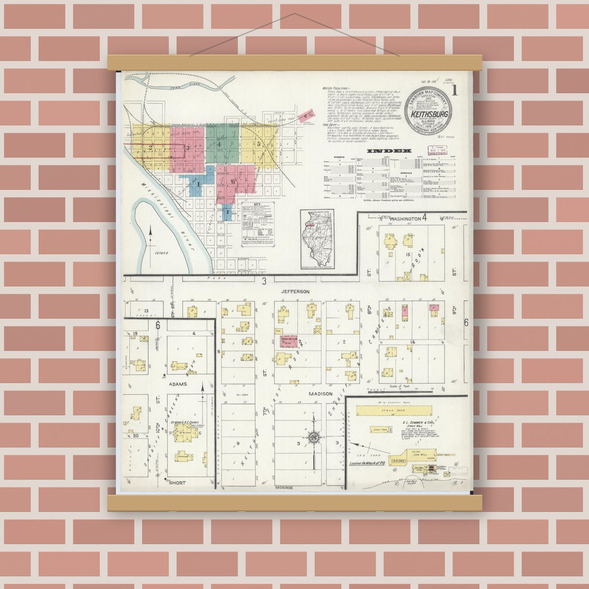 Old map wall art mockup — magnetic wood frame on brick wall — Sanborn Fire Insurance Map from Keithsburg, Mercer County, Illinois (1913) - Complete Map Set