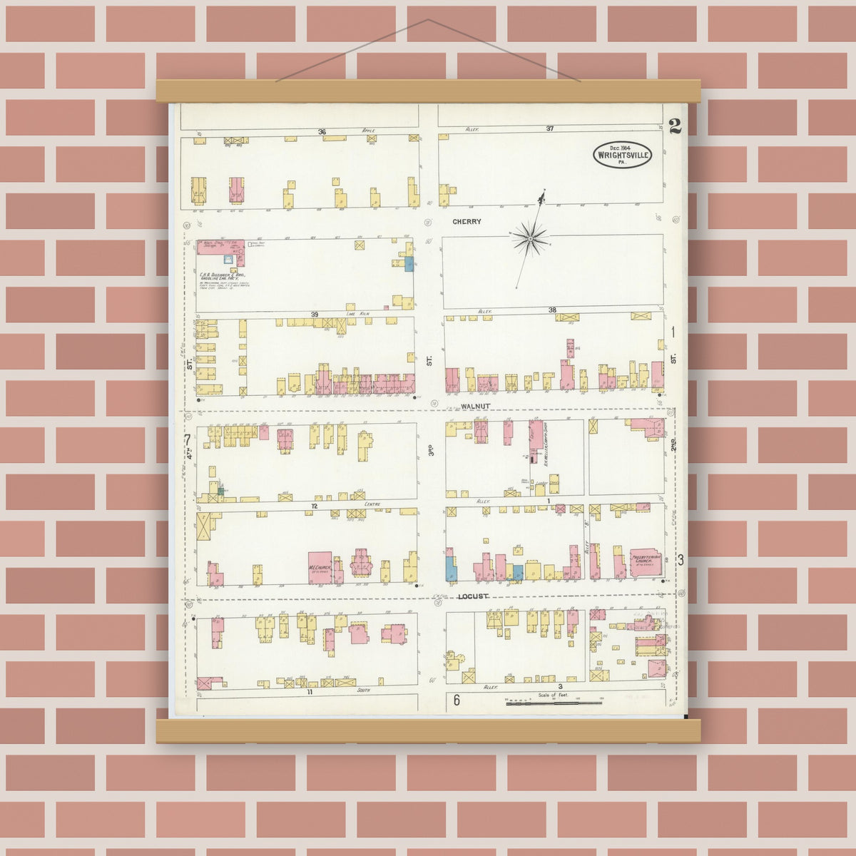 Old map wall art mockup — magnetic wood frame on brick wall — Sanborn Fire Insurance Map from Wrightsville, York County, Pennsylvania (1904), Sheet #0002