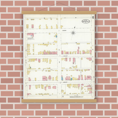 Old map wall art mockup — magnetic wood frame on brick wall — Sanborn Fire Insurance Map from Wrightsville, York County, Pennsylvania (1904), Sheet #0002