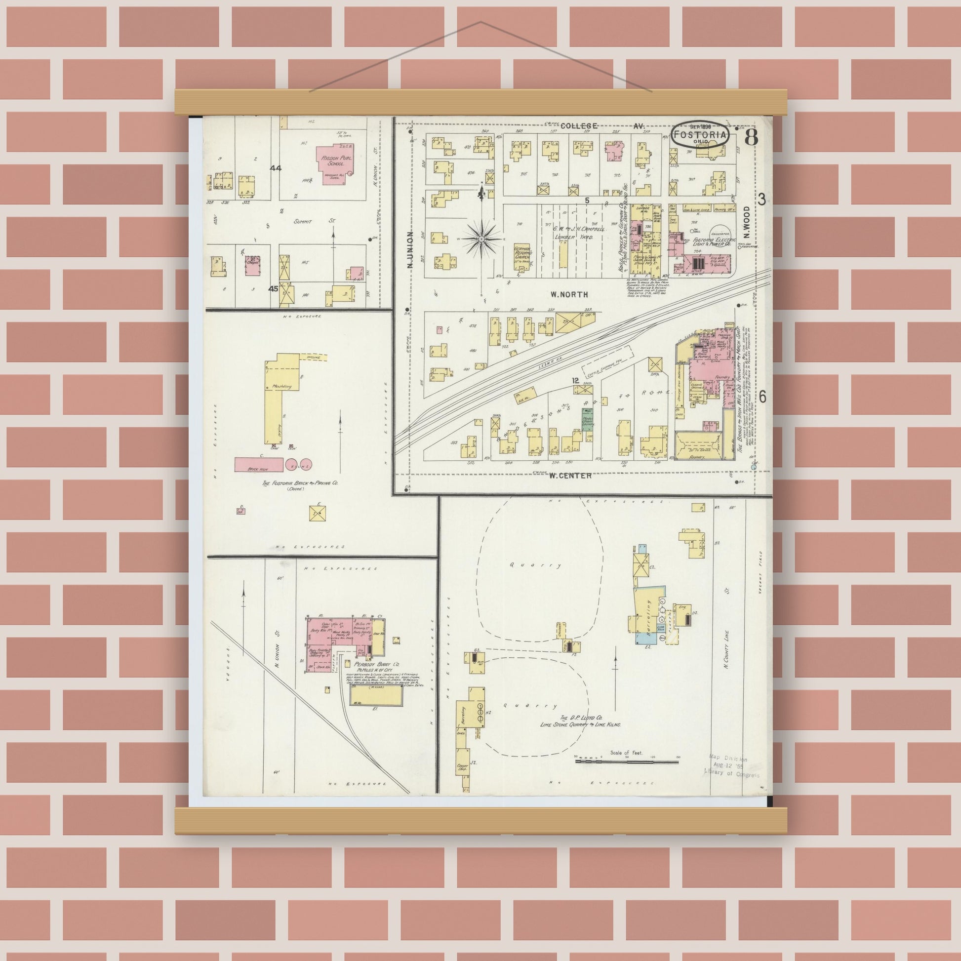 Old map wall art mockup — magnetic wood frame on brick wall — Sanborn Fire Insurance Map from Fostoria, Seneca, Hancock, And Wood Counties, Ohio (1896), Sheet #0008