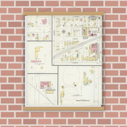 Old map wall art mockup — magnetic wood frame on brick wall — Sanborn Fire Insurance Map from Fostoria, Seneca, Hancock, And Wood Counties, Ohio (1896), Sheet #0008