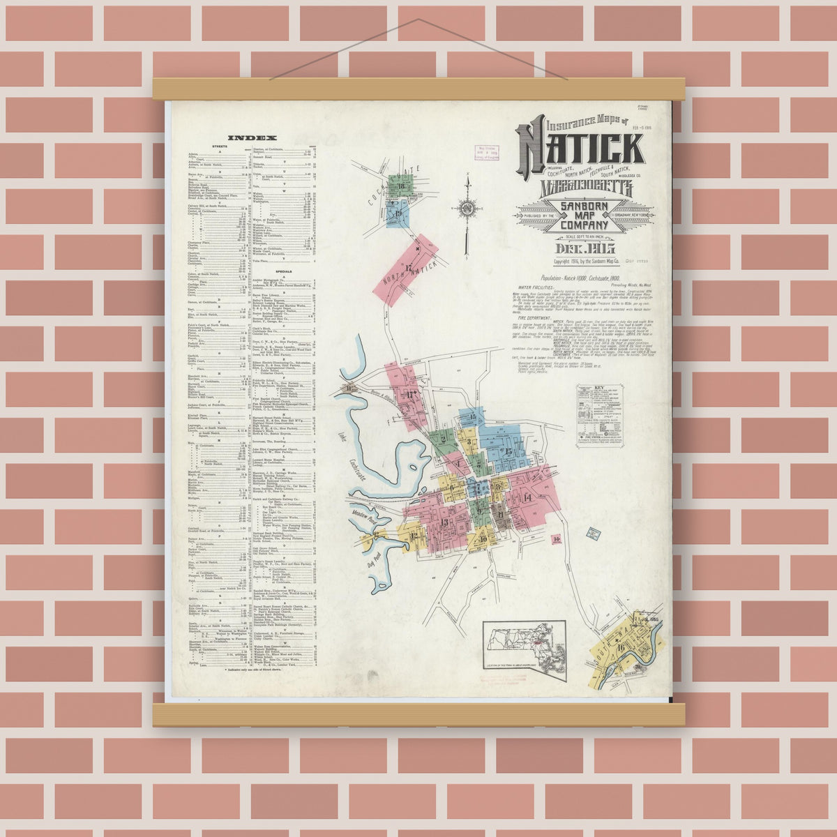 Old map wall art mockup — magnetic wood frame on brick wall — Sanborn Fire Insurance Map from Natick, Middlesex County, Massachusetts (1915), Sheet #0001