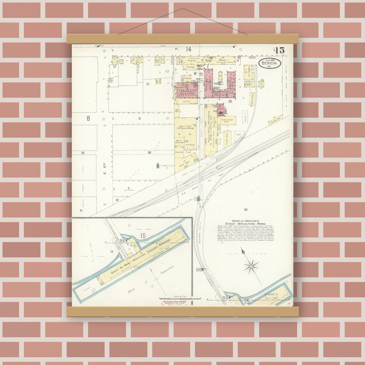 Old map wall art mockup — magnetic wood frame on brick wall — Sanborn Fire Insurance Map from Benicia, Solano County, California (1899), Sheet #0015