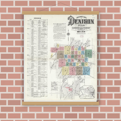 Old map wall art mockup — magnetic wood frame on brick wall — Sanborn Fire Insurance Map from Denison, Grayson County, Texas (1914) - Complete Map Set