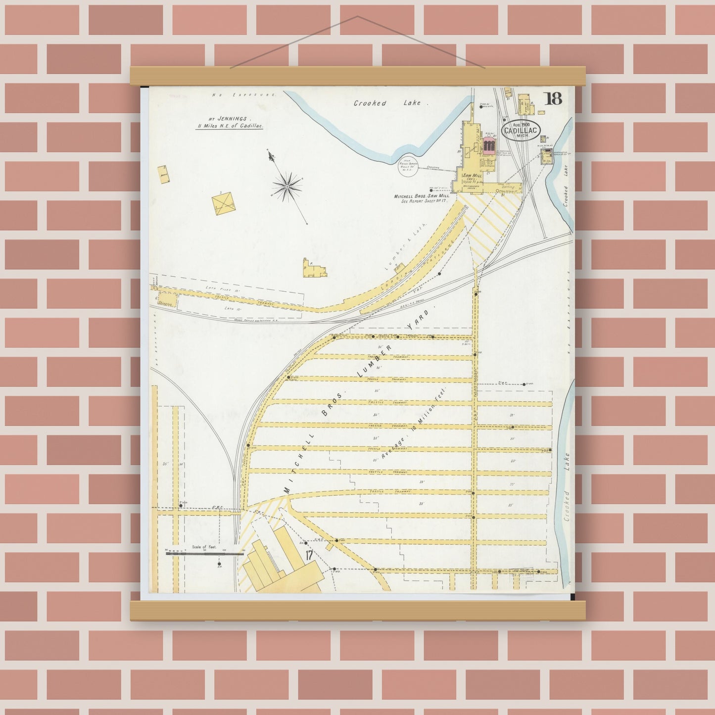 Old map wall art mockup — magnetic wood frame on brick wall — Sanborn Fire Insurance Map from Cadillac, Wexford County, Michigan (1900), Sheet #0018