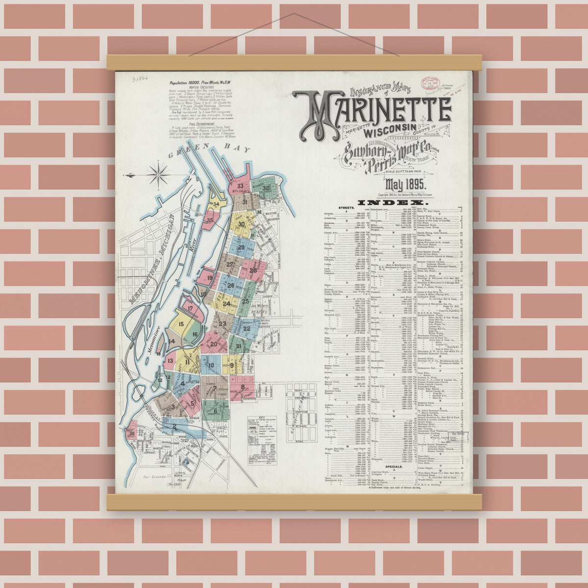 Old map wall art mockup — magnetic wood frame on brick wall — Sanborn Fire Insurance Map from Marinette, Marinette County, Wisconsin (1895), Sheet #0001