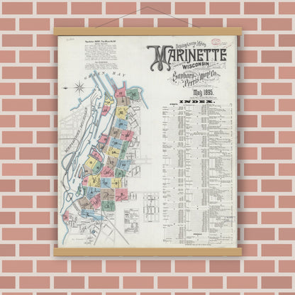 Old map wall art mockup — magnetic wood frame on brick wall — Sanborn Fire Insurance Map from Marinette, Marinette County, Wisconsin (1895), Sheet #0001