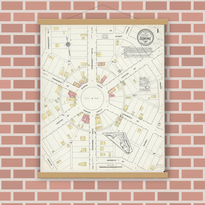 Old map wall art mockup — magnetic wood frame on brick wall — Sanborn Fire Insurance Map from Sebring, Highlands County, Florida (1917), Sheet #0001