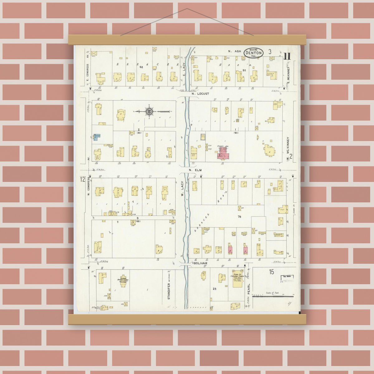 Old map wall art mockup — magnetic wood frame on brick wall — Sanborn Fire Insurance Map from Denton, Denton County, Texas (1912), Sheet #0011