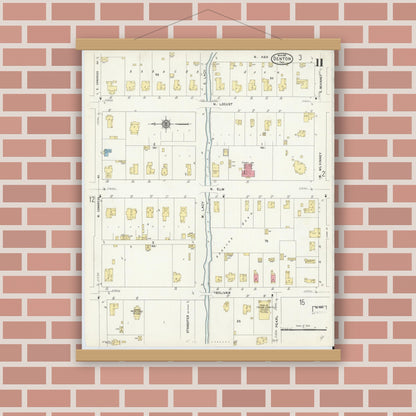 Old map wall art mockup — magnetic wood frame on brick wall — Sanborn Fire Insurance Map from Denton, Denton County, Texas (1912), Sheet #0011